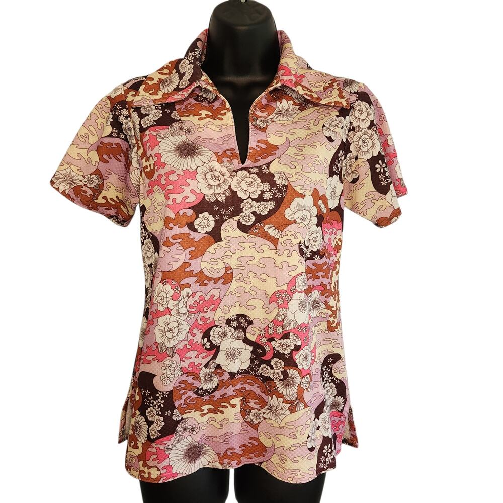 VINTAGE 70s handmade polo shirt wide collar pink floral
